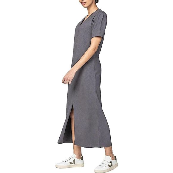 Lilla P Charcoal Grey Elbow Sleeve V-Neck Midi Dress Size Medium - Picture 1 of 9